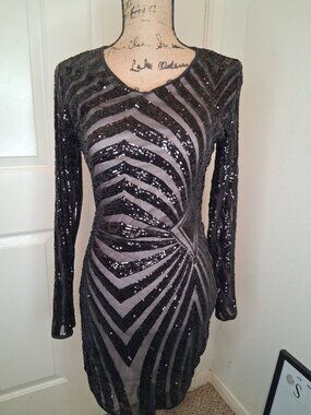CBR Black Sequin Mesh Bodycon Mini Dress Open Back Lace-Up Party Cocktail Dress